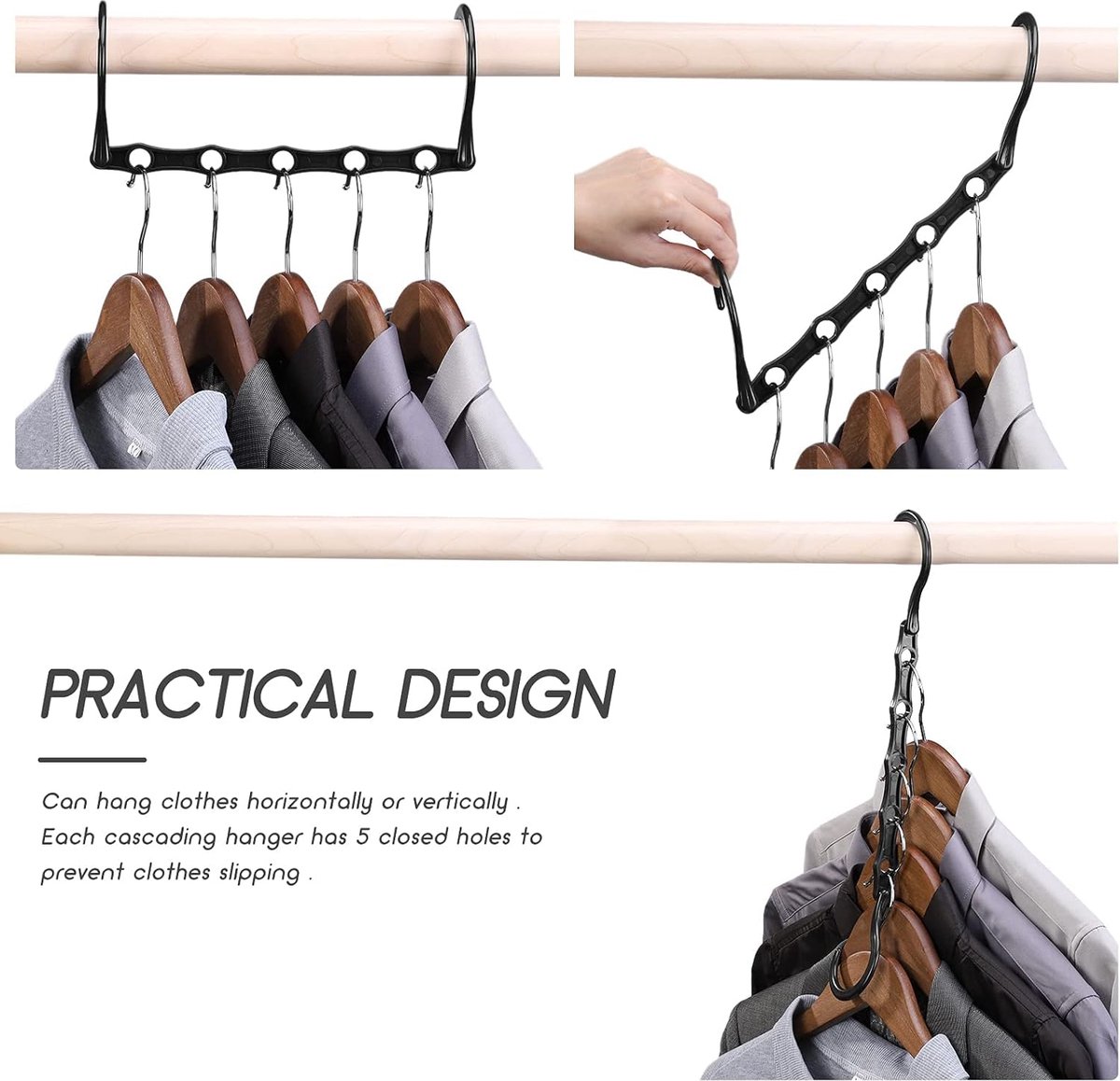 Clothes Hanger - 6 Pieces - Magic Clothes Hanger - Space-Saving Clothes Hanger - Wardrobe Hangers - 5 Slots - Multifunctional - Plastic - Wardrobe Organizer - Black - For 30 Garments - For Shirts, Trousers, Dresses, Jackets, Etc - Image 4