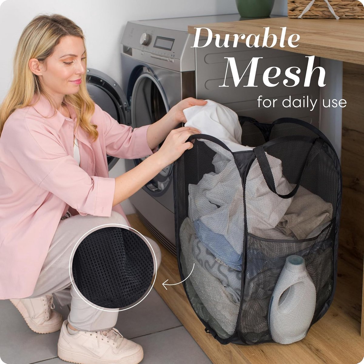 Foldable Laundry Basket - 60 x 30cm - Laundry Baskets - Mesh - Breathable - Durable - Laundry Sorter - Laundry Box - Clothes Organizer - Laundry Basket - Dirty Clothes Basket - Storage Basket - Foldable Laundry Basket - Black - Portable - Space-Saving Lau - Image 3