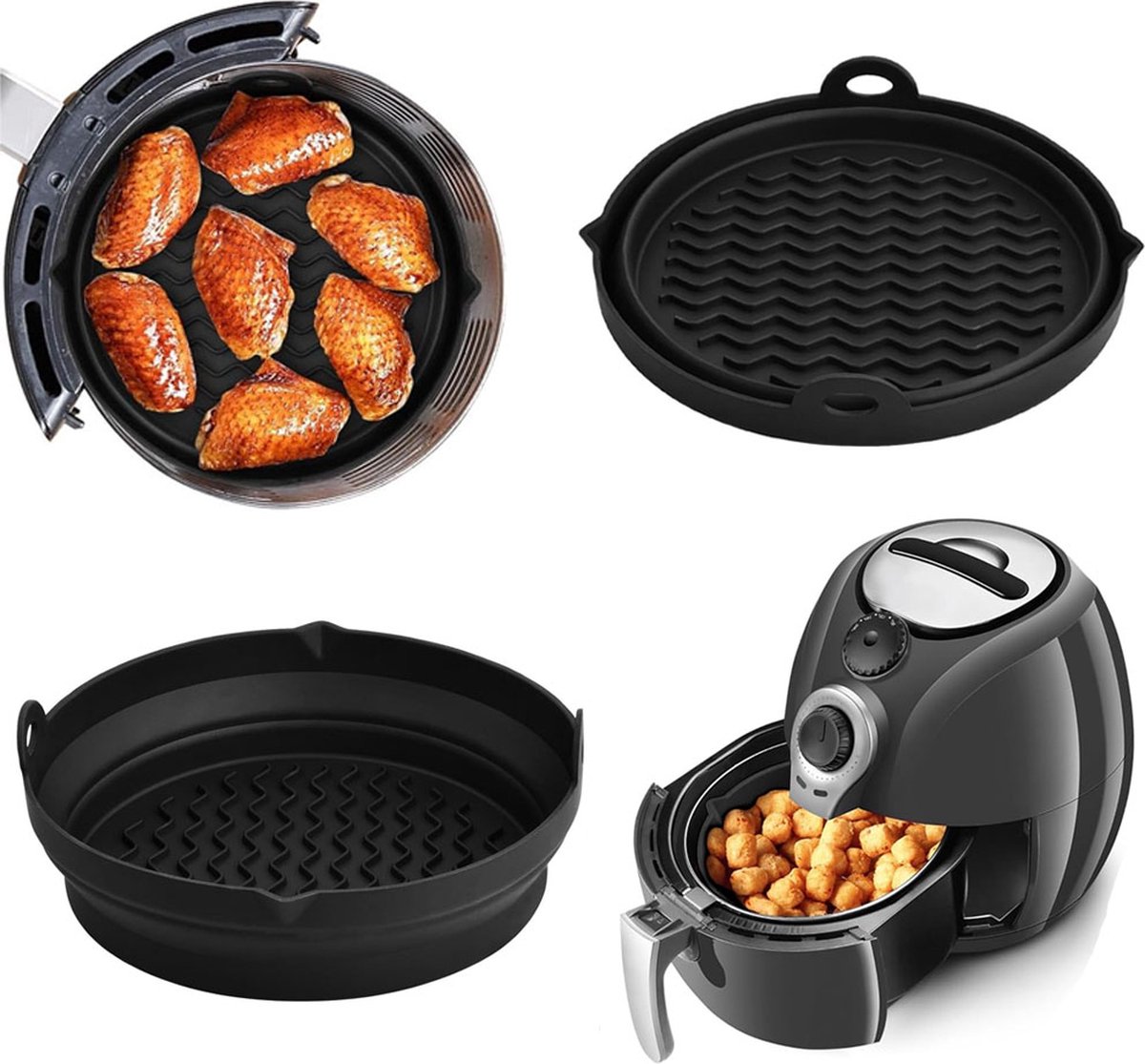 Airfryer Silicone Containers - 2 Pieces - Airfryer Accessories - Airfryer Basket - Reusable Drip Tray - BPA Free - Foldable - Baking Paper Alternative - Basket Baking Pan - Air Fryer - Disposable Container Alternative - Dishwasher Safe - Black - Image 1