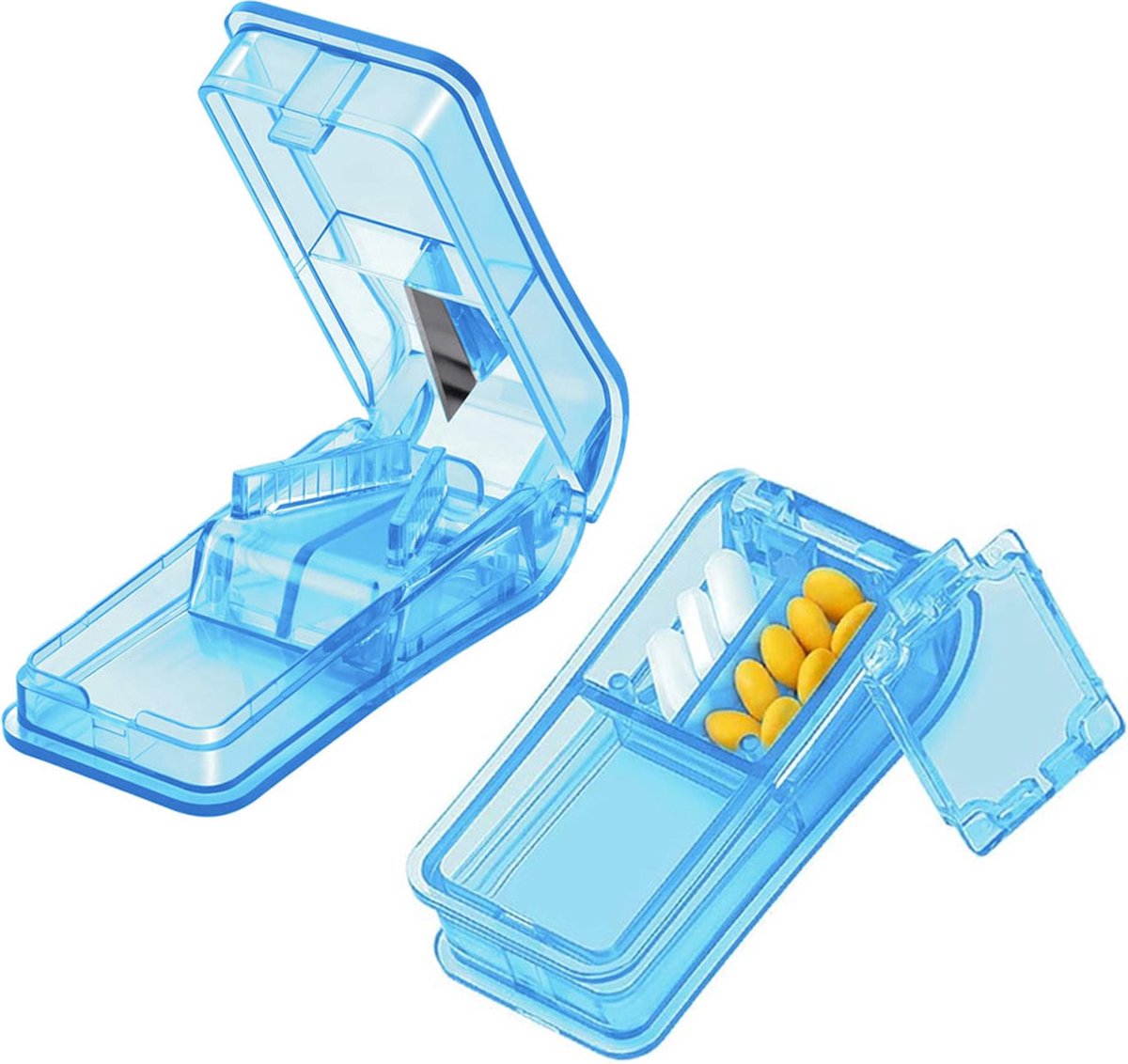 Pill Cutter - 2-Piece Pill Splitter - Tablet Splitter - Medicine Cutter - Pill Cutter - BPA-Free - Pill Storage Box - Pill Box with Sharp Blade - Suitable for Hard Pills - Small and Large Pills - Portable Cutting Mechanism - Blue - Image 1