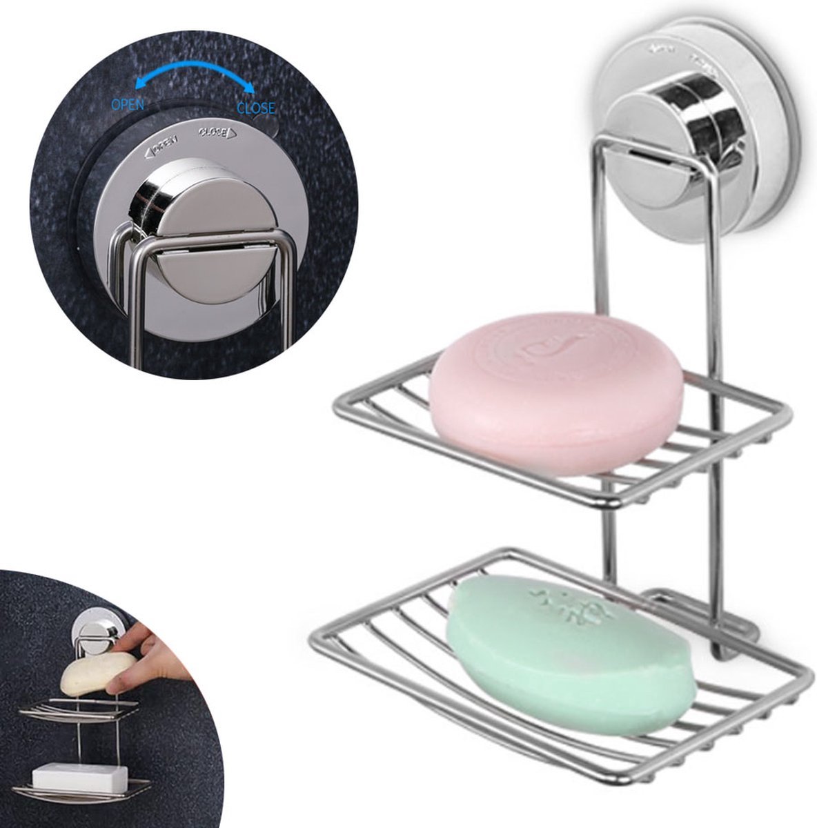 Soap Holder - Double-Layer Soap Rack - Stainless Steel - High Load Capacity - Powerful Suction Cup - Soap Dish - Hanging Soap Rack - Shower / Bathroom Rack - No Drilling Required - Handy & Practical - Silver - Easy to Install - Image 1
