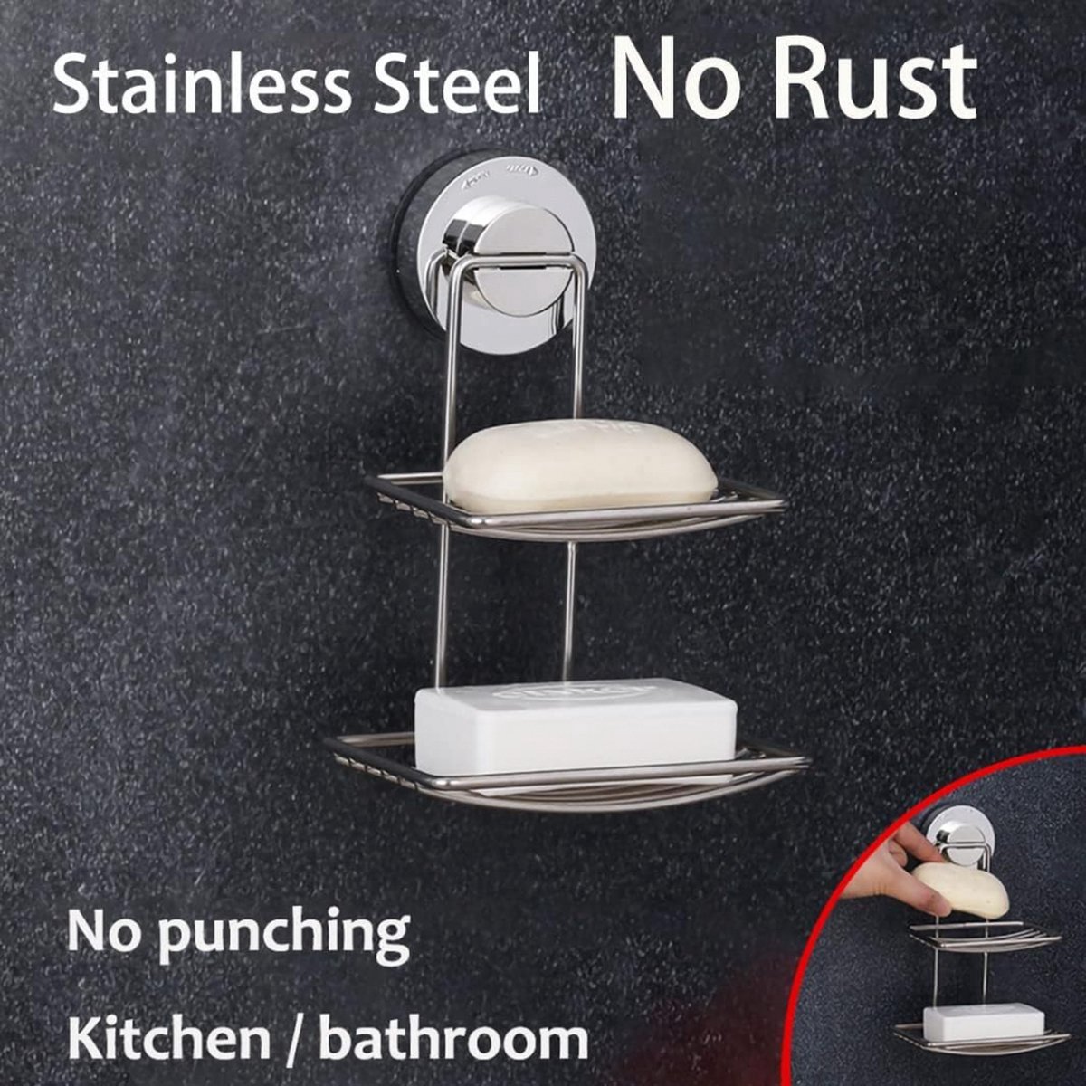 Soap Holder - Double-Layer Soap Rack - Stainless Steel - High Load Capacity - Powerful Suction Cup - Soap Dish - Hanging Soap Rack - Shower / Bathroom Rack - No Drilling Required - Handy & Practical - Silver - Easy to Install - Image 2