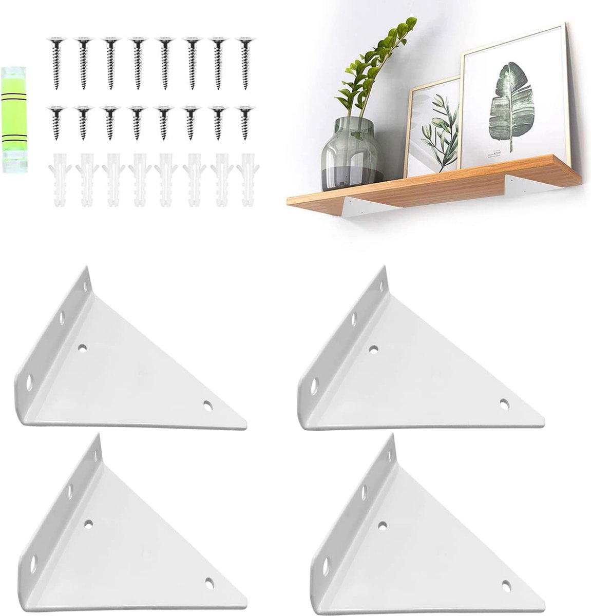 Shelf Brackets - 4 Pieces - Triangular Shelf Bracket - Wall Bracket - Wall Brackets - 80*100mm - Steel - Invisible - Triangular - Incl. Mounting Material - Floating Shelf Holder Wall Bracket - Metal Shelf Brackets - White - For Living Room, Bedroom, Garag - Image 1
