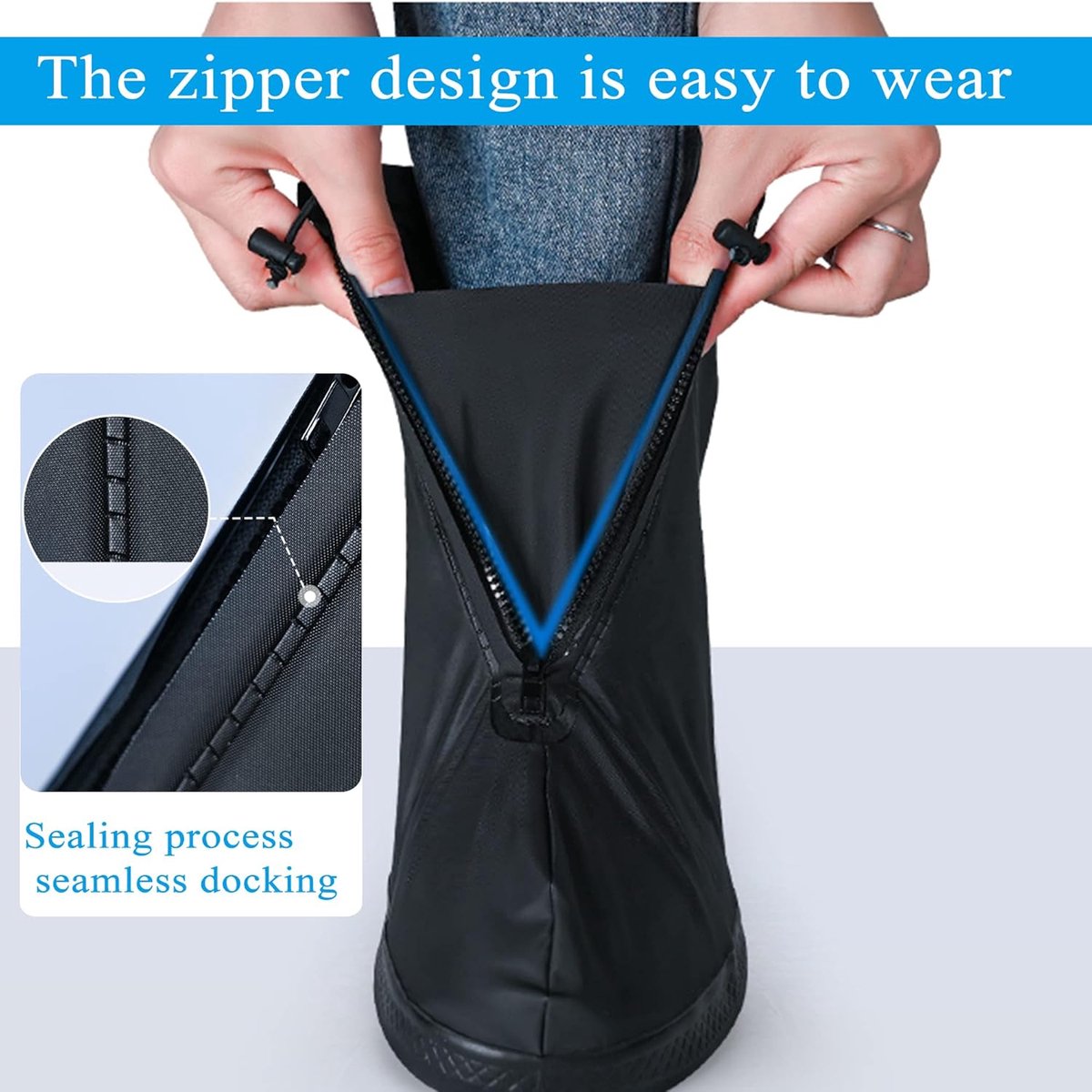 Waterproof Shoe Covers - Rain Shoe Covers - With Zipper, Drawstring and Snap - Waterproof Shoe Protectors - Motorcycle Scooter Bicycle Shoe Cover - Shoe Rain Cover - Shoe Cover - Shoe Covers - Anti-Slip - Size S 36-37 - Black - Reusable - Image 5