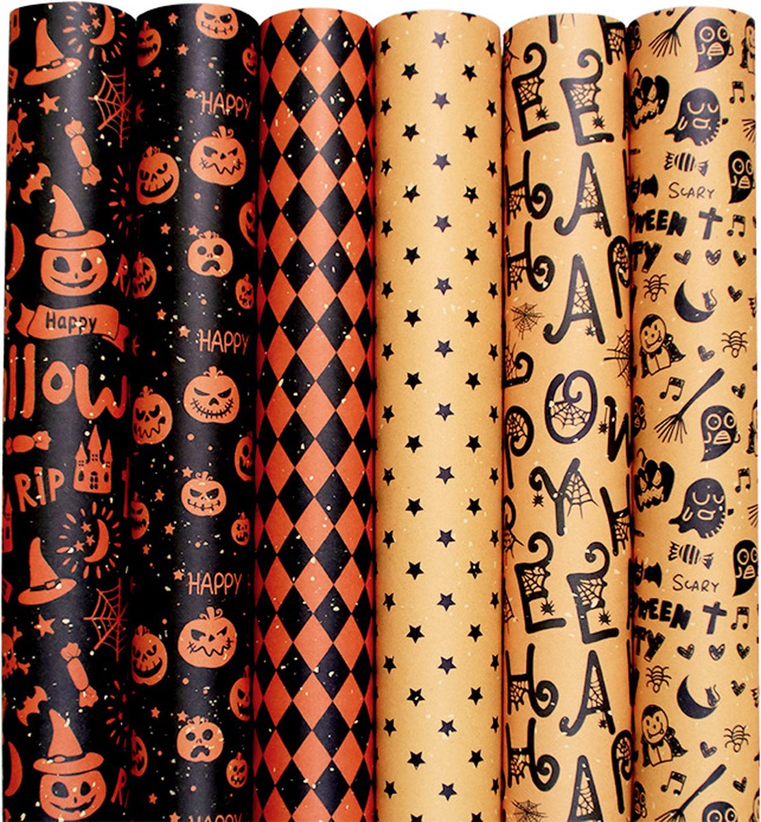 Wrapping Paper 6 Rolls - Gift Paper - Sustainable - Eco-friendly & Plastic-free - Tear-resistant - 50x70cm - Birthday - Decorations - Gift Paper - Party Assortment - Various Designs - Halloween - Pumpkin/ Bat/ Witch's Hat/ Star - Image 1