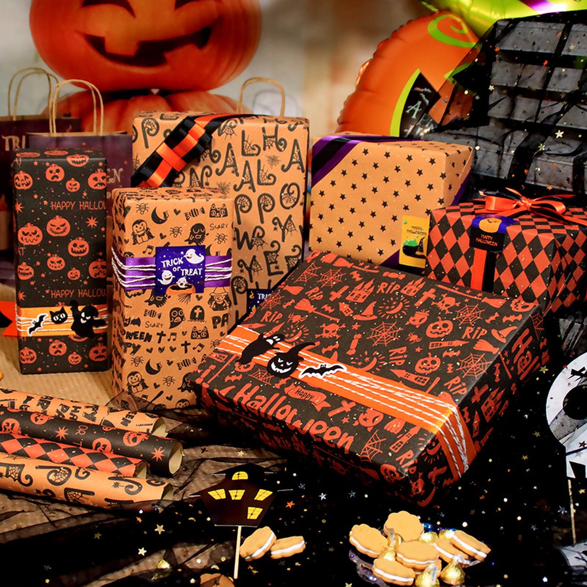 Wrapping Paper 6 Rolls - Gift Paper - Sustainable - Eco-friendly & Plastic-free - Tear-resistant - 50x70cm - Birthday - Decorations - Gift Paper - Party Assortment - Various Designs - Halloween - Pumpkin/ Bat/ Witch's Hat/ Star - Image 2