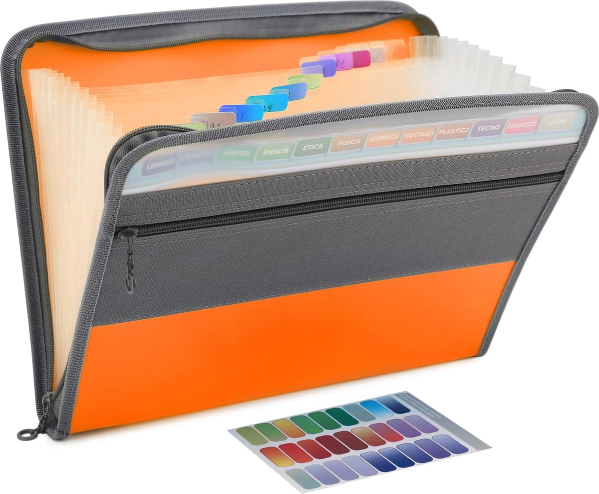 Project Folder - A4 - Foldable File Folder with Tabs - 13 Compartments - Storage Folder/Sorting Folder - Compartment Folder - Durable Plastic Document Folder - Writing Folder with Zipper - Conference Folder - Work Folder - Document Folder - Orange - Porta - Image 1