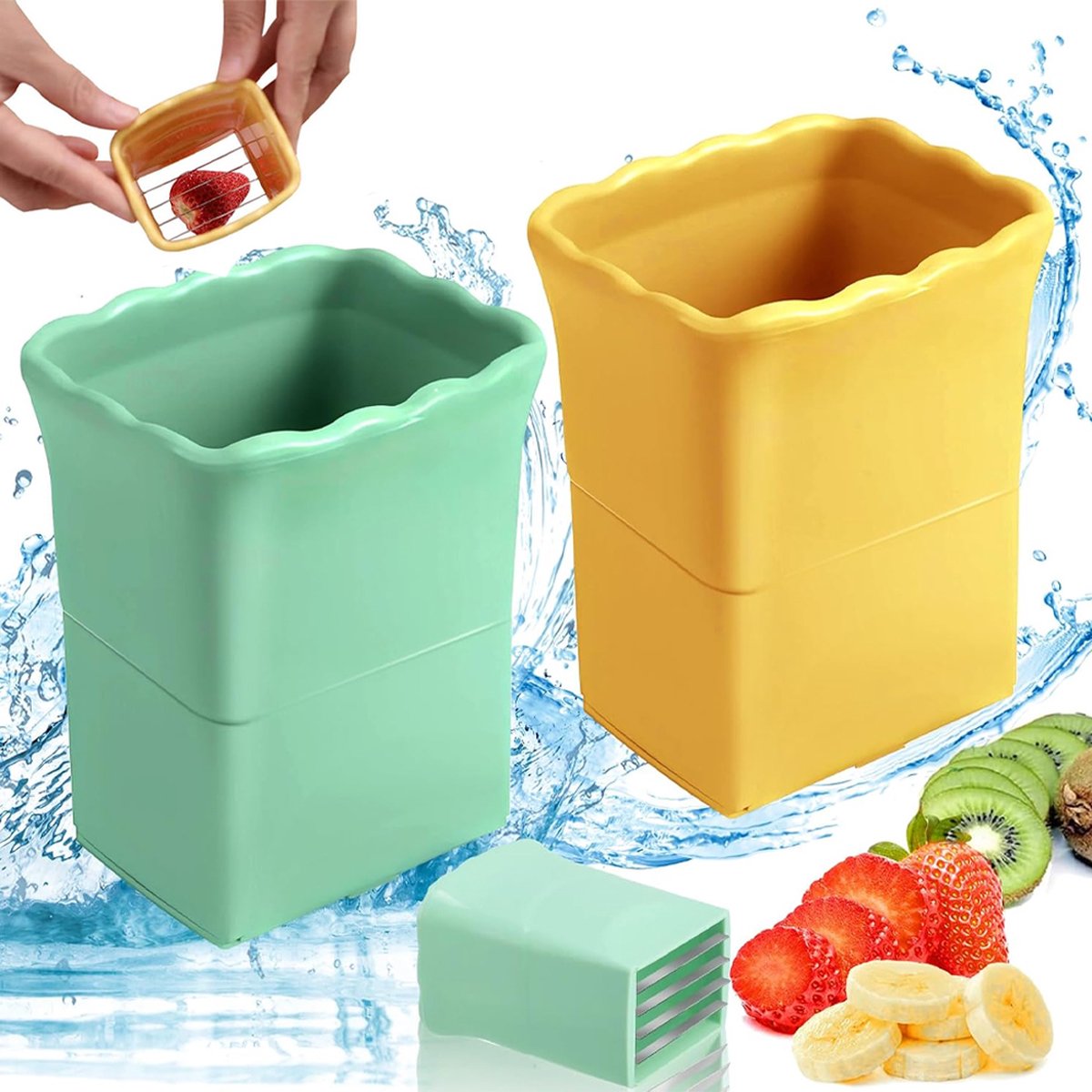 Fruit Knives - 2 Pieces - Fruit Slicer - Strawberry Slicer - Banana Slicer - Kitchen Gadget - Kitchen Accessories - Portable - Multifunctional - Ergonomic - Sharp - For Egg/Mushroom/Kiwis/Tomato/Lemon/Strawberry/Bananas - Yellow and Green - Image 1