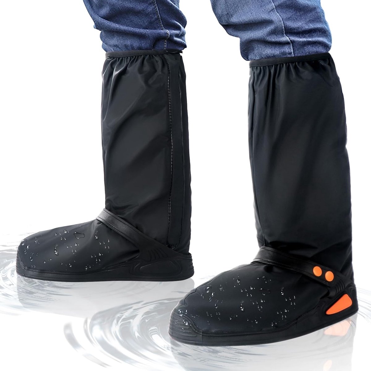 Waterproof Shoe Covers - Rain Shoe Covers - With Zipper, Snap - Waterproof Shoe Protectors - Motorcycle Scooter Bicycle Shoe Cover - Shoe Rain Cover - Shoe Cover - Shoe Covers - Anti-Slip - Size L 40-42 - Black - Reflective - Foldable - Image 1