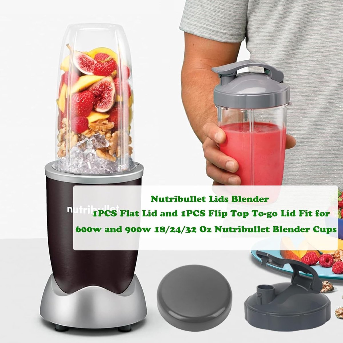 Resealable Cup Lids and Flip-Top To-Go Lid - 2 Pieces - Replacement Parts Suitable for 600w and 900w Nutribullet Blender 32/24/18oz Cups Cup Lids - With Rubber Gasket - Seal - For On the Go - Image 4