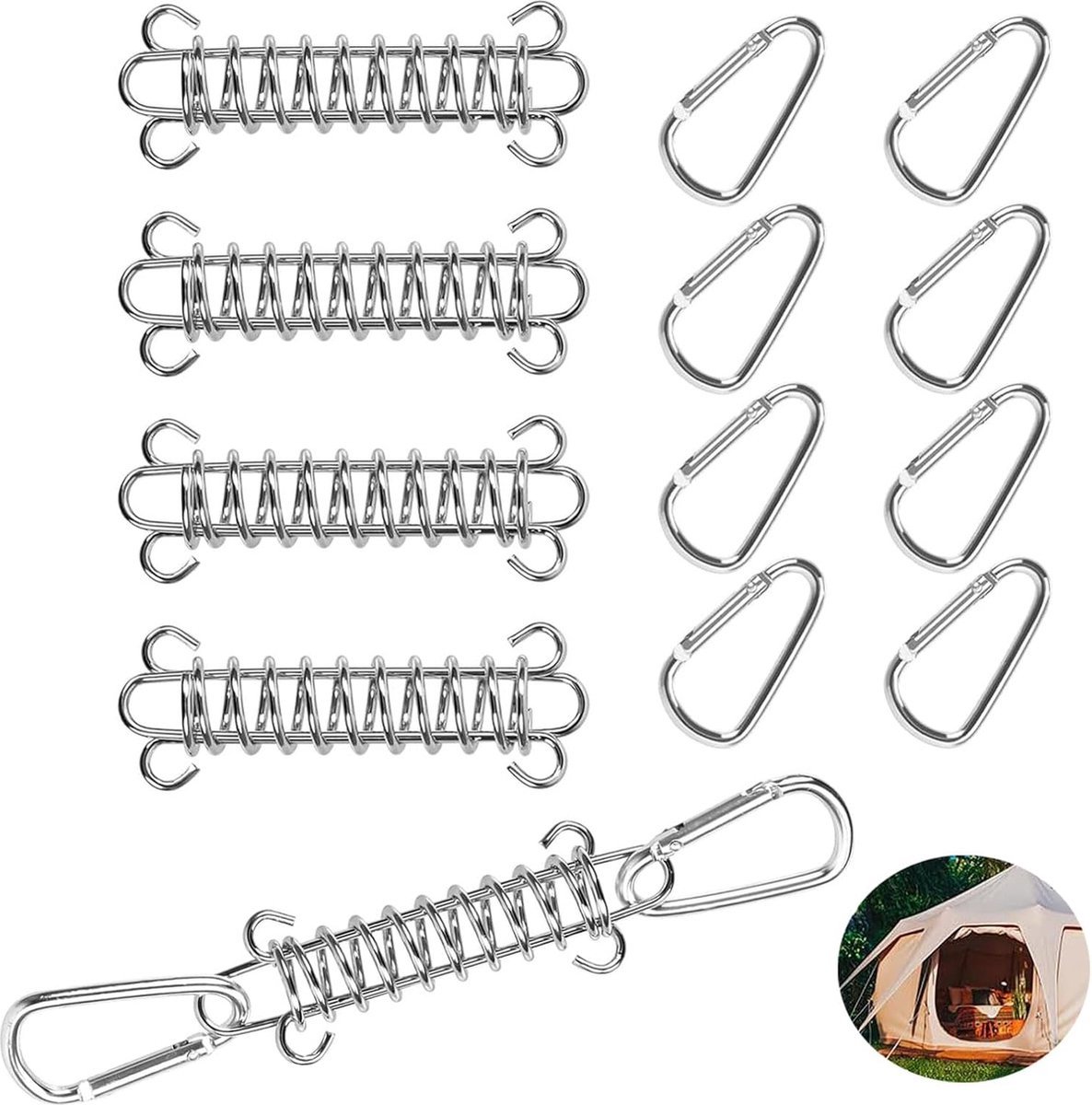 4x Tent Tension Spring - Camping Tent - Tension Spring - Sun Sail - Awning Tension Springs - High-Strength Spring Buckle - Mounting Accessories for Camping Tents - Double Hook Tension Spring - Spring for Tents, Awnings, Boats, Caravans - Sturdy & Durable - Image 1