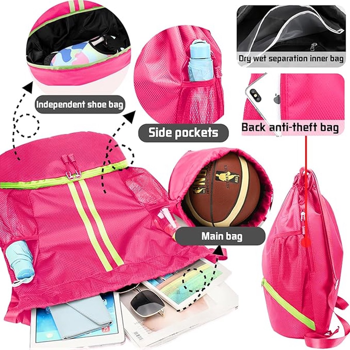 Backpack - School Bag - Sports Backpack - Sports Backpack - Unisex - Practical & Stylish - With Drawstring - Adjustable - With Ball Pocket Bottom Pocket - Waterproof - Image 3