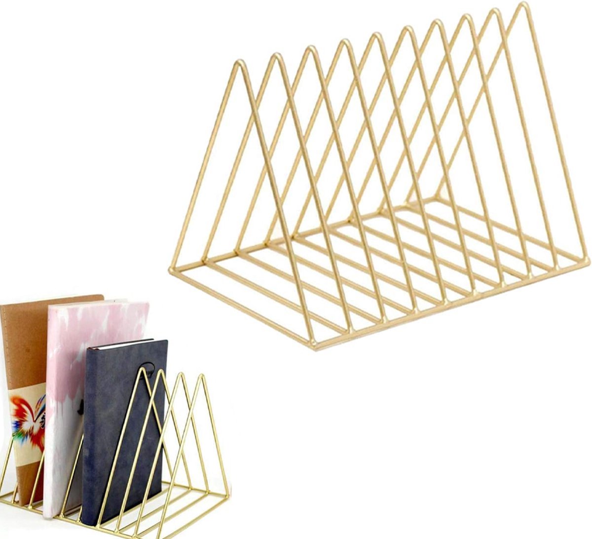 Magazine Rack - Record Rack - Mail Organizer - Steel Triangle Mail and Book Rack - Newspaper Holder - Mail Organizer - Reading Tray - Magazine Holder - Newspaper Rack - Magazine Bin - Freestanding - Storage for Mail, Magazines, and Books - Gold - Metal - Image 1