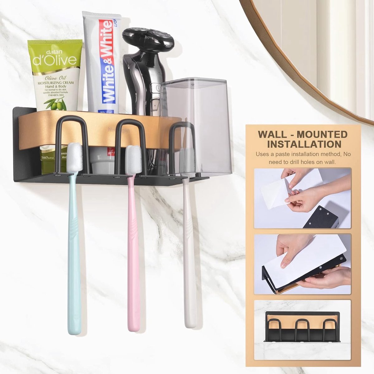 Toothbrush Holder - Toothbrush Case - 3 Sorting Compartments - Electric Toothbrush Case - Razor Holder - Wall Mounted - Stainless Steel - Toothbrush Organizer - Self-Adhesive - Bathroom Accessories - No Drilling Required - Keep Tidy - Image 5