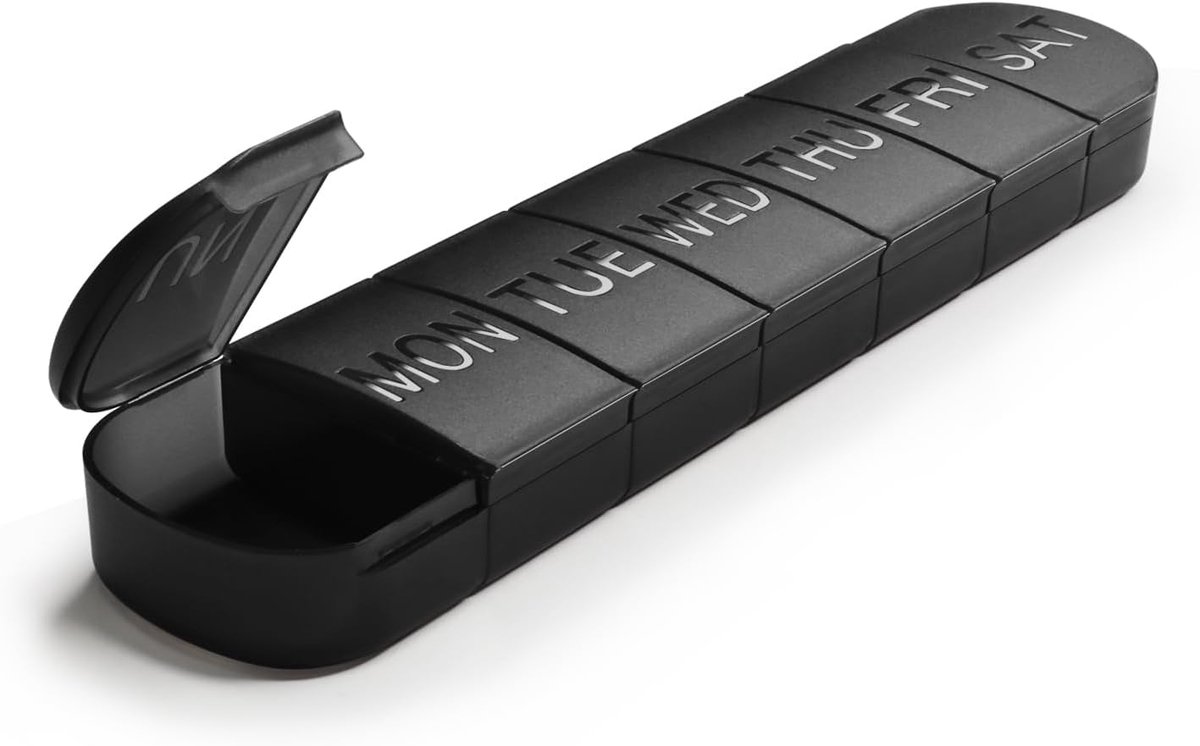 7-Day Pill Box - Portable Medicine Box - Weekly Pill Organizer - Once-a-Day Pill Box - Pill Containers - Travel-Friendly - For Medicines, Vitamins, Fish Oil Supplements - Black - Image 1