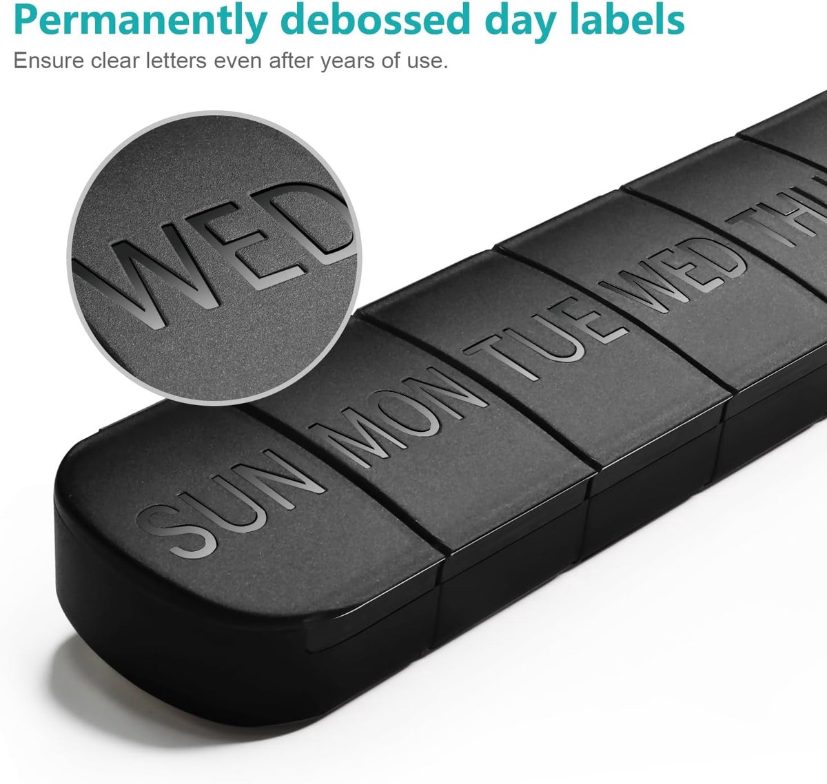 7-Day Pill Box - Portable Medicine Box - Weekly Pill Organizer - Once-a-Day Pill Box - Pill Containers - Travel-Friendly - For Medicines, Vitamins, Fish Oil Supplements - Black - Image 3