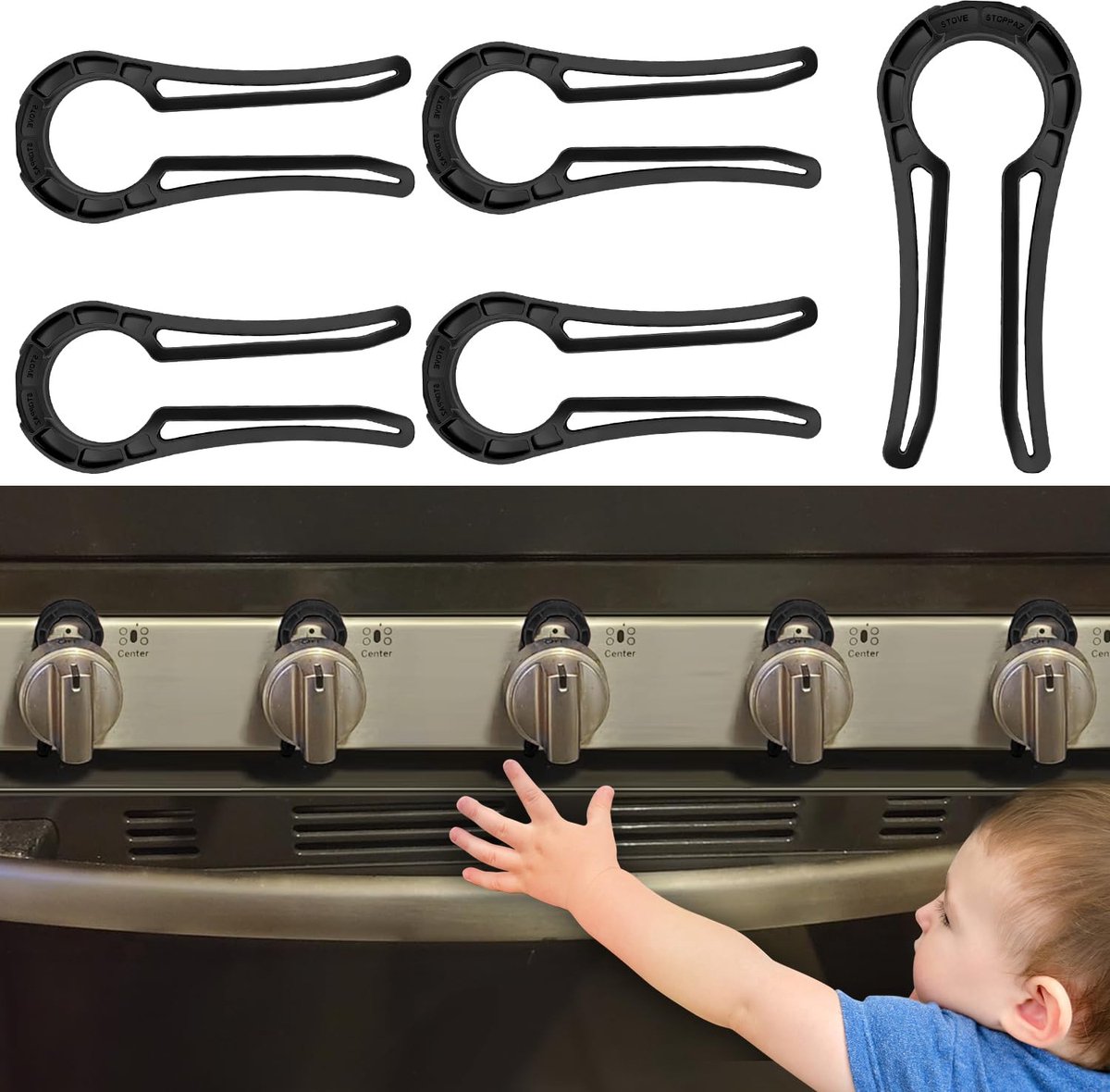 Gas Stove Knob Lock - 5 Pieces - Child Lock - Child-Safe Oven Locks - For Children and Pets - Suitable for Gas Stove, Gas/Electric Stove, Electric Oven, Induction Stove, Gas BBQ, Hob - Kitchen Utensils - Black - Child Safety - Image 1