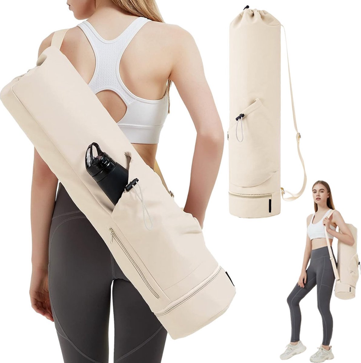 Yoga Mat Bag - Yoga Bag with Drawstring and Storage Compartment - Yoga Bag - Fitness Bag - Sports Bag - Pilates Bag - Waterproof - Universal - Gymnastics Mat Bag - Shoulder Bag - Multifunctional Storage Bag - Equipped with Carrying Strap - White - Image 1