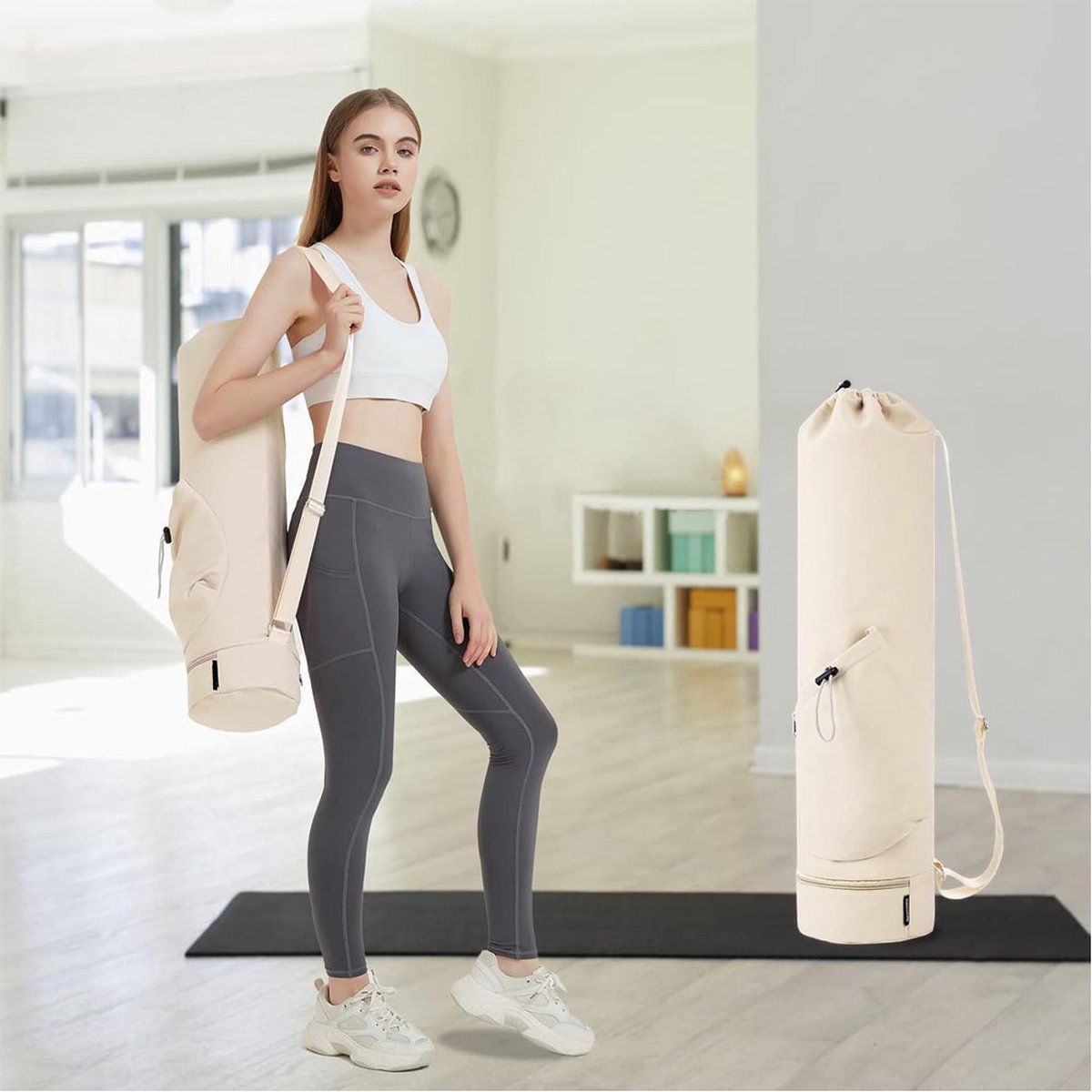 Yoga Mat Bag - Yoga Bag with Drawstring and Storage Compartment - Yoga Bag - Fitness Bag - Sports Bag - Pilates Bag - Waterproof - Universal - Gymnastics Mat Bag - Shoulder Bag - Multifunctional Storage Bag - Equipped with Carrying Strap - White - Image 3