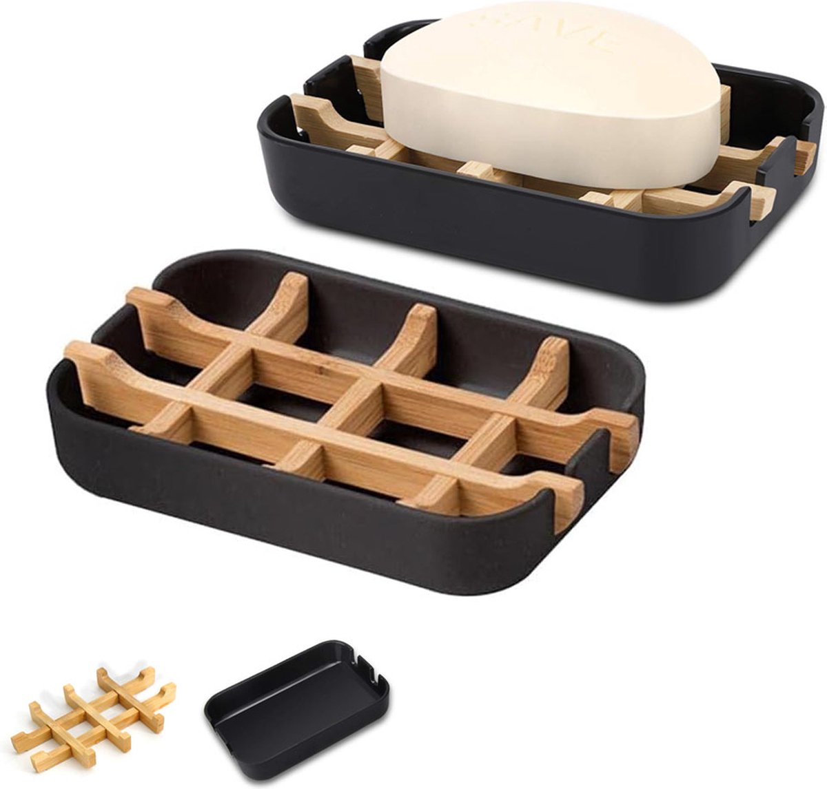 Soap Dish - 2 Pieces - Soap Holder With Drain - Bamboo Tray Soap Holder - Removable Drawer - Small Soap Dish - Soap Box - Hand Soap - Shower - Bathroom - Bathroom Accessories - Keep Soap Dry And Hygienic - Black - Image 1