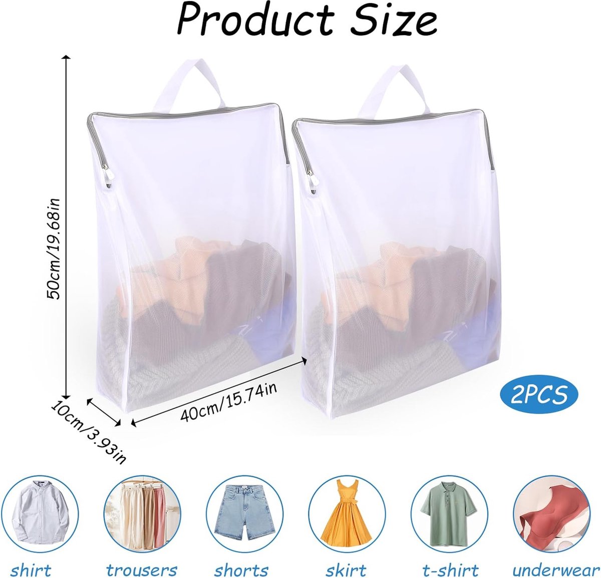 Laundry Bags 2 Pieces - Laundry Bags - Laundry Nets - Laundry Bags with Zippers - Protect Your Laundry and Washing Machine - 50x40x10 Cm - Large Laundry Net - Mesh Laundry Bags with Zippers - Reusable Laundry Bag with Handle - For Home, Dormitory, Hotel, - Image 5