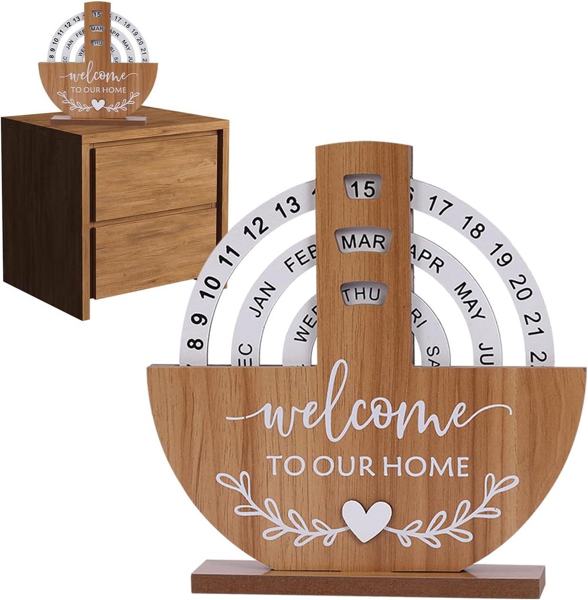 Calendar - Desk Calendar - Perpetual - Manual Rotating Calendar - Perpetual Calendar - Home Sweet Home - Large Letters and Numbers - For an Atmospheric Interior - Beautiful Home Decoration - Stylish - Wooden - Image 1