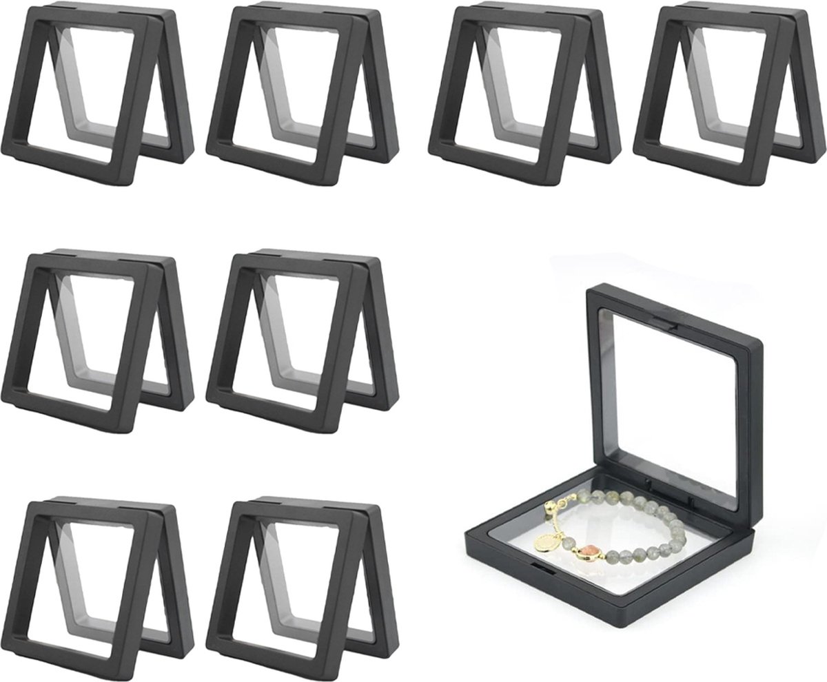 Jewelry Box - 8 Pieces - Jewel Box - Jewelry Boxes - Jewelry Holder - Small Jewelry Case - Travel Size - Transparent PE Floating Display Case - Jewelry Storage Box - 9x9cm - For Rings/Necklaces/Bracelets/Earrings/Coins/Jewelry/Watches - Black - Image 1