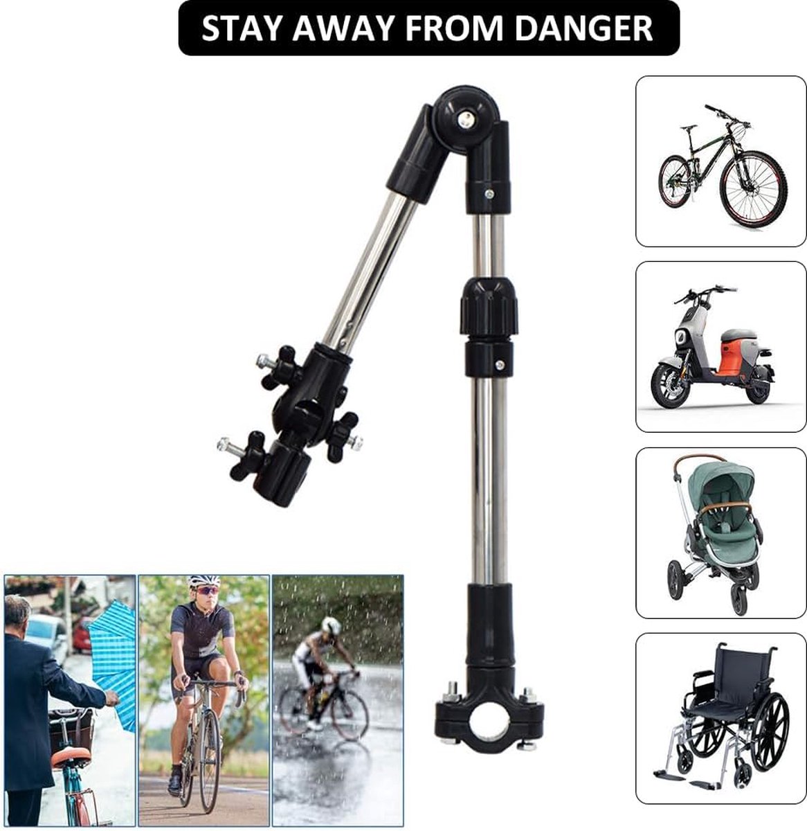 Umbrella Holder - Universal Umbrella Holder - Extendable & Foldable - Parasol Connector for Wheelchair, Mobility Scooter, Scooter, Stroller - 30-45 Cm - Black - Image 3