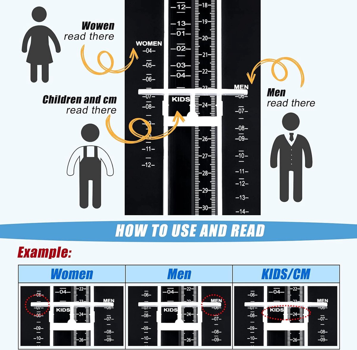 Shoe Size Meter - Foot Measuring Tool - Measuring Feet - Universal Measuring System - Child Shoe Size Meter - Shoe Measuring Tool - Measurement - Children and Adults - Find the Perfect Fit - Measurement Chart - Up to 31 cm - Shoe Size 19 - 48 - Black - Image 4