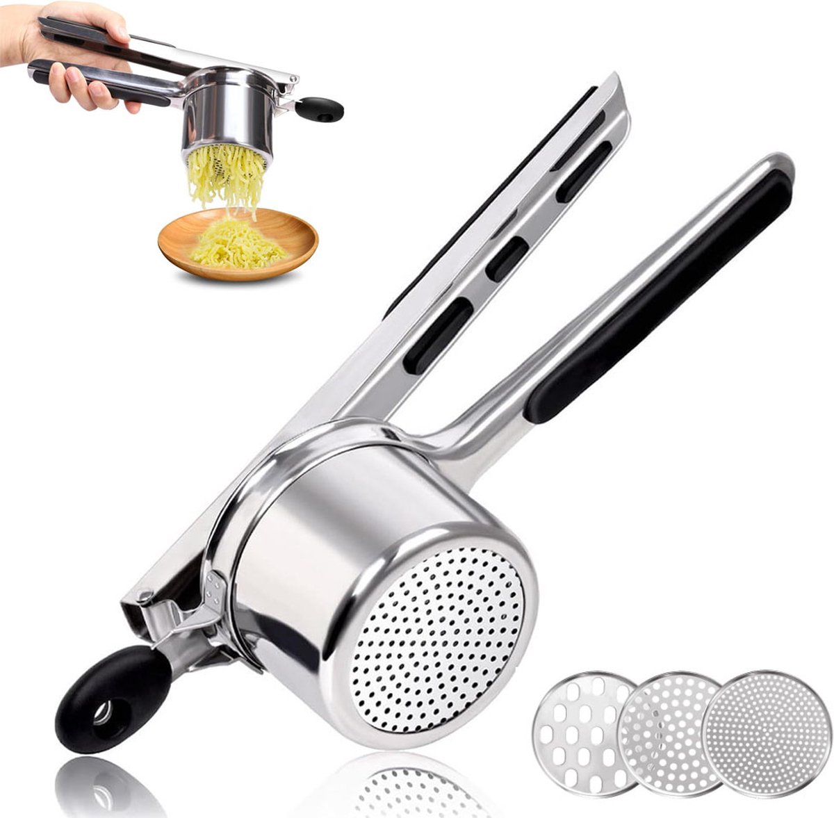 Stainless Steel Potato Press - Potato Squeezer - Potato Masher - Includes 3 Different Texture Discs - Can Be Hanged - Making Potato Puree - Puree - Dishwasher Safe - Gift - Image 1