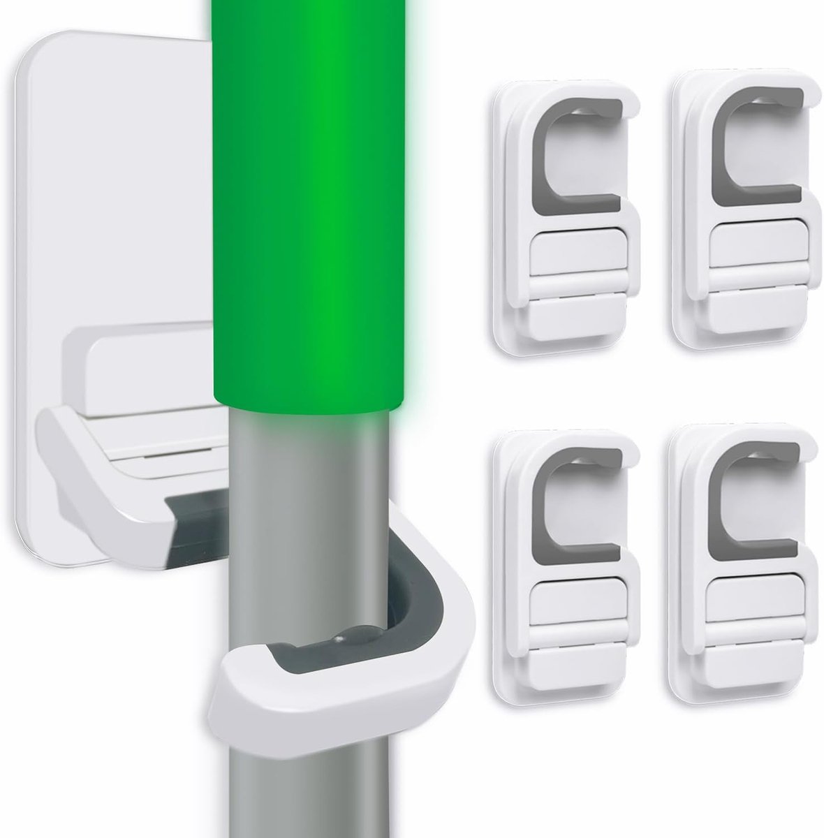 Broom Hanging System - 4 Pieces - Broom Holder - Broom Holder System - Mop Holder - No Drilling Required - Self-Adhesive Mop Holder - Tool Holder - Wall Mounting - Bathroom Accessories - Kitchen Storage Rack - Garden Tools - For Mop and Broom - White - Image 1