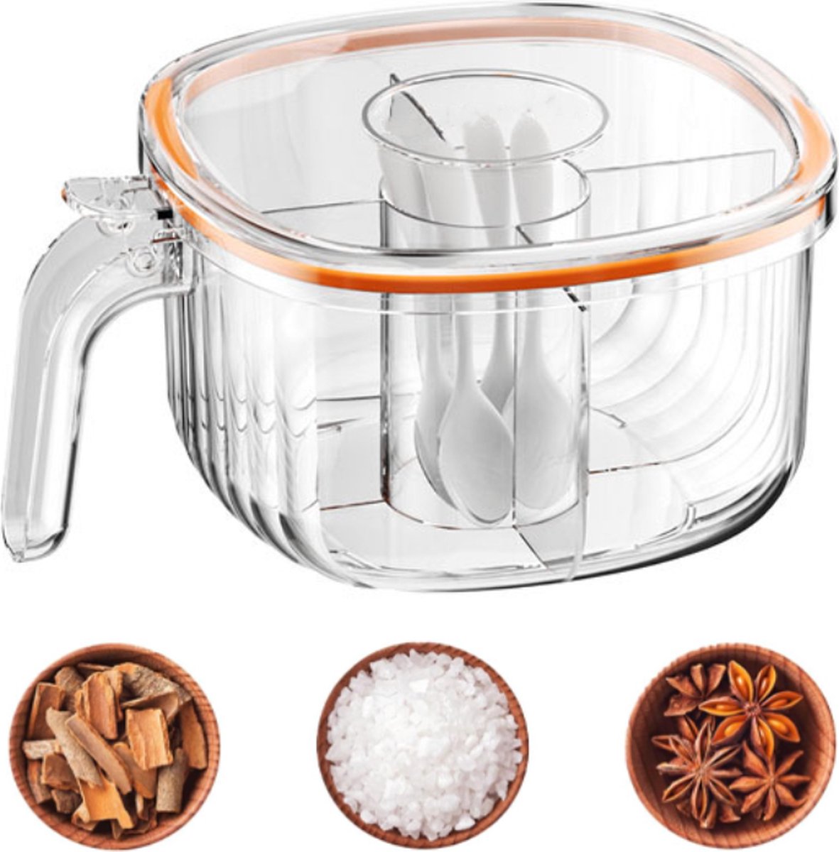 Spice Jars - Divided Spice Jar - Divided Spice Container - 4 Grids Transparent Spice Container - For Kitchen Cabinet Pantry Refrigerator - With 4 Spice Spoons - Image 1