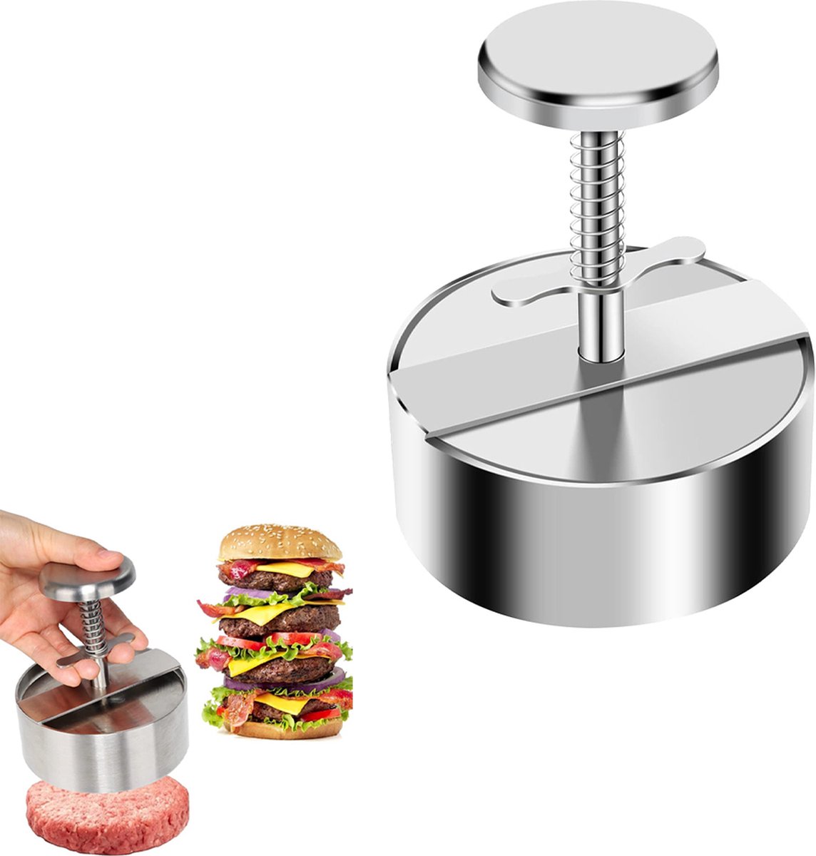 Meat Press - Burger Meat Press - Hamburger Press - Hamburger Press - Hamburger Mold - Kitchen Food Mold - Round Hamburger - Make Your Own Hamburgers - BBQ Accessories - For Delicious Hamburgers, Patties, BBQ, Hamburger Press - Silver - Stainless Steel - Image 1