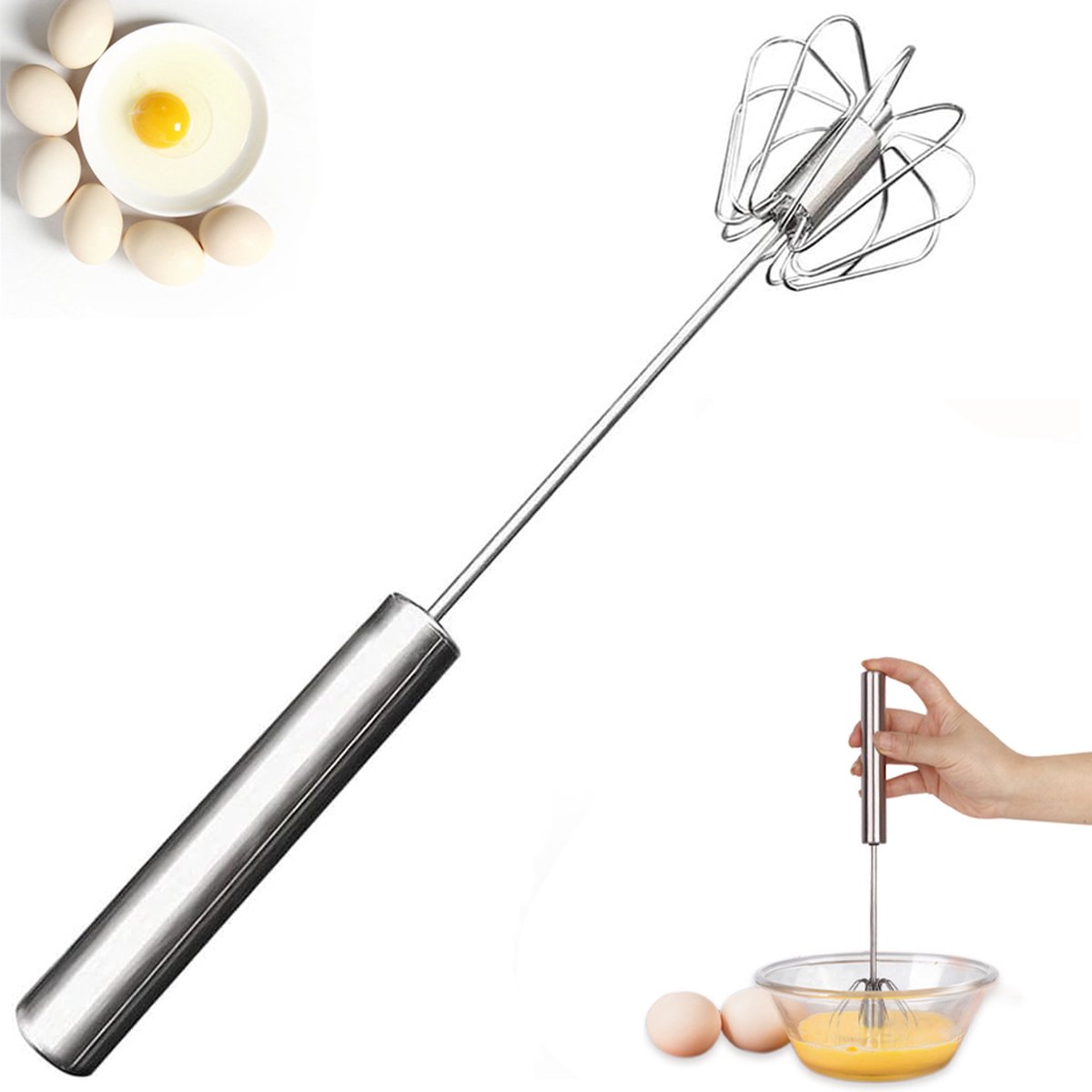 Egg Beater - Egg Whisk - Semi-Automatic Stainless Steel Whisk - Batter Beater - Whipped Cream Whisk - Mini Whisk - Immersion Blender - Mixer - Manual - for baking in the kitchen - Silver - Stainless Steel - Image 1
