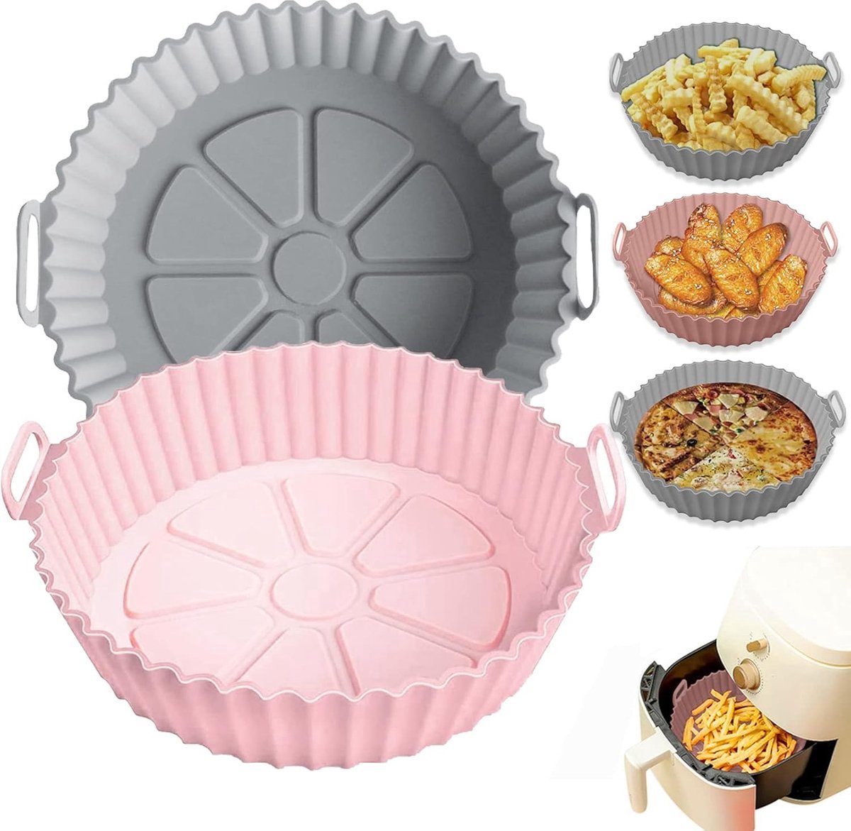 2 Airfryer Silicone Trays - Airfryer Accessories - BPA Free - 20cm - Airfryer Basket - Reusable - Baking Paper Alternative - Airfryer Liner - Round - Airfryer Silicone Baking Paper - Baking Mold - Sustainable - Non-Stick - Dishwasher Safe - Grey/Pink - Image 1