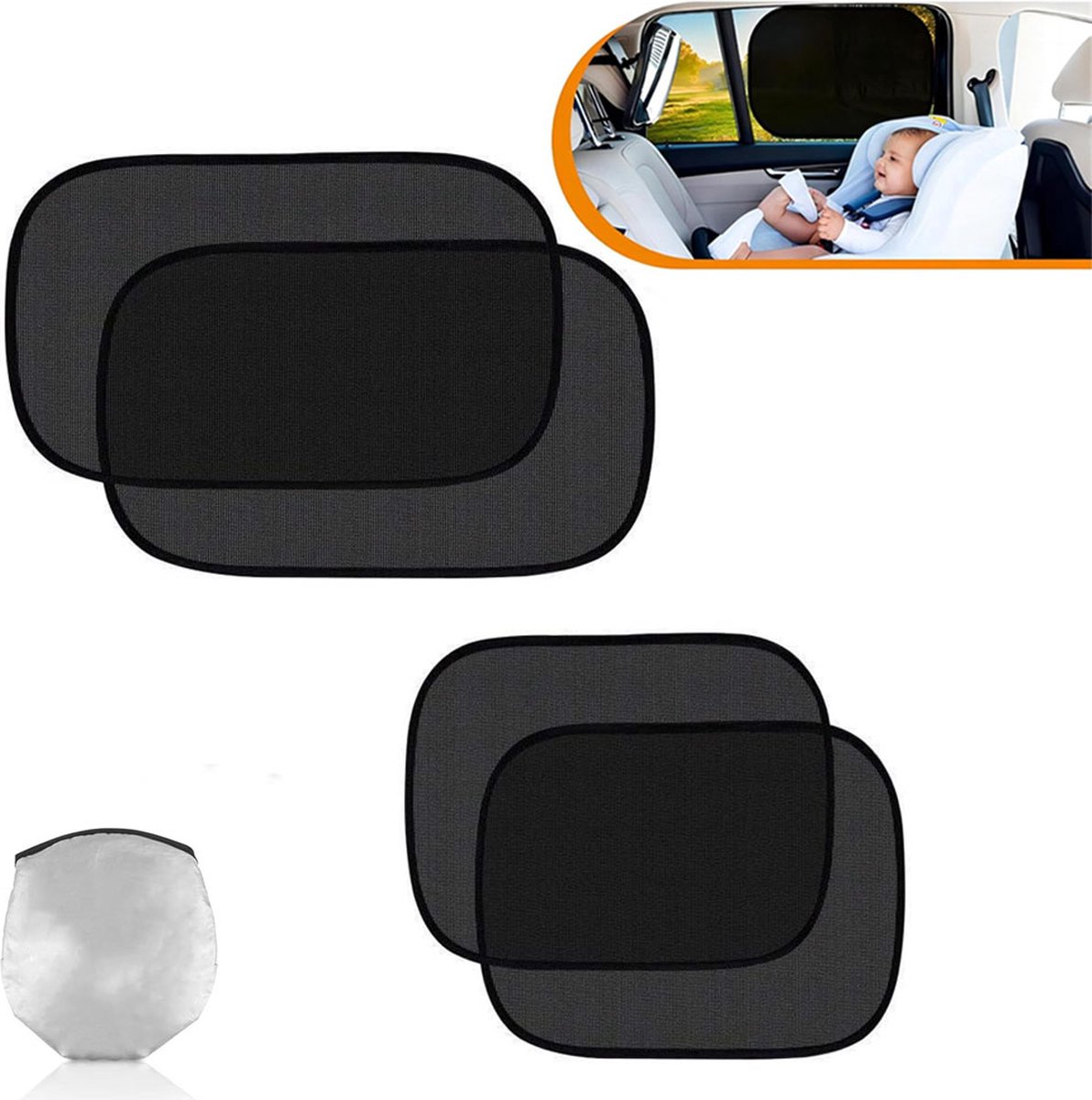 Car Sunshade - Car Sunshade Side Window - 1 Pair 50 x 30 Cm and 1 Pair 44 x 38 Cm - Baby Car Sunshade - Electrostatic Adsorption - Privacy Protection - Car Sun Protection - UV Protection - Side Window - Safe Driving - With Storage Bag - Black - Image 1