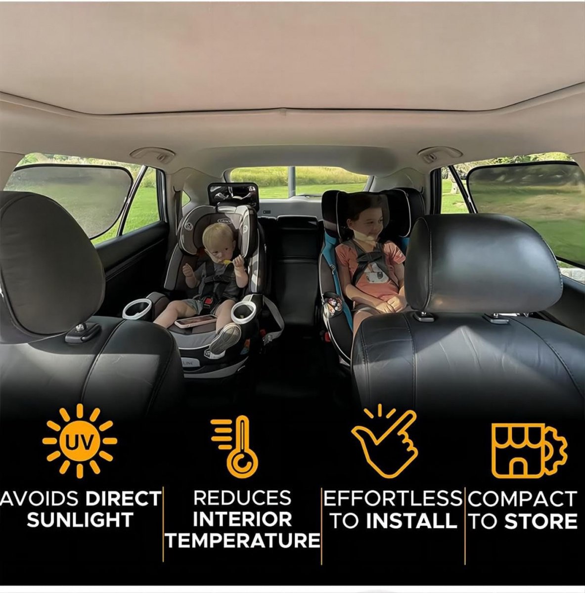 Car Sunshade - Car Sunshade Side Window - 1 Pair 50 x 30 Cm and 1 Pair 44 x 38 Cm - Baby Car Sunshade - Electrostatic Adsorption - Privacy Protection - Car Sun Protection - UV Protection - Side Window - Safe Driving - With Storage Bag - Black - Image 3
