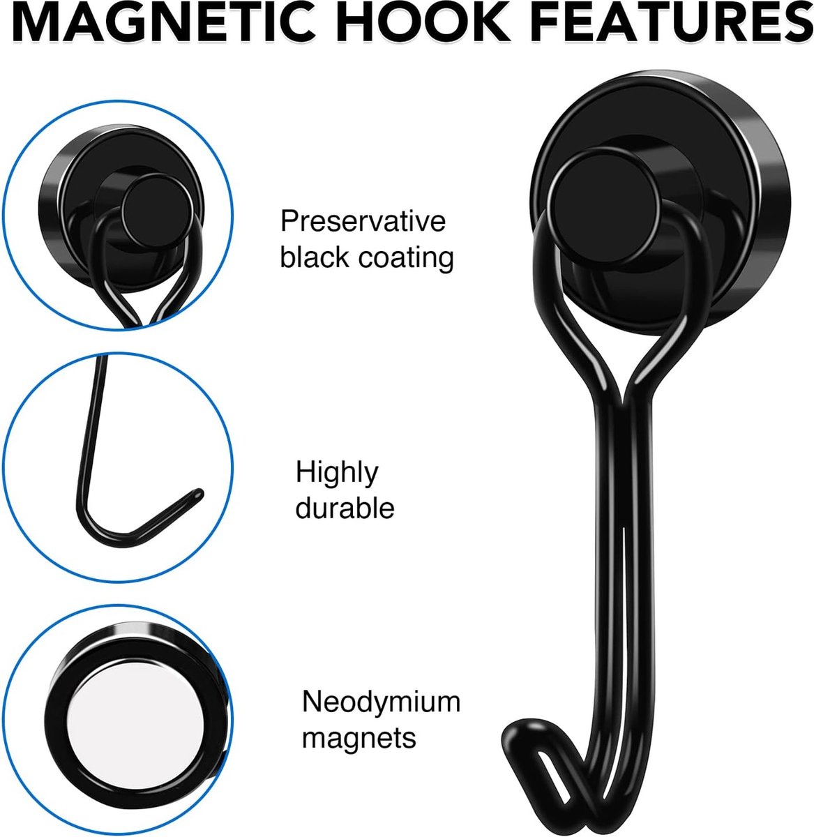 Towel Hook - Hooks - Hooks - With Hooks - 24 Kg Magnetic Hooks - Heavy Duty Strong Magnets - For Grill Ceiling Magnetic Board Kitchen Office - For Kitchen Fridges - 360 Degree Rotatable Neodymium Magnetic - 6 Pieces - Black - Image 2