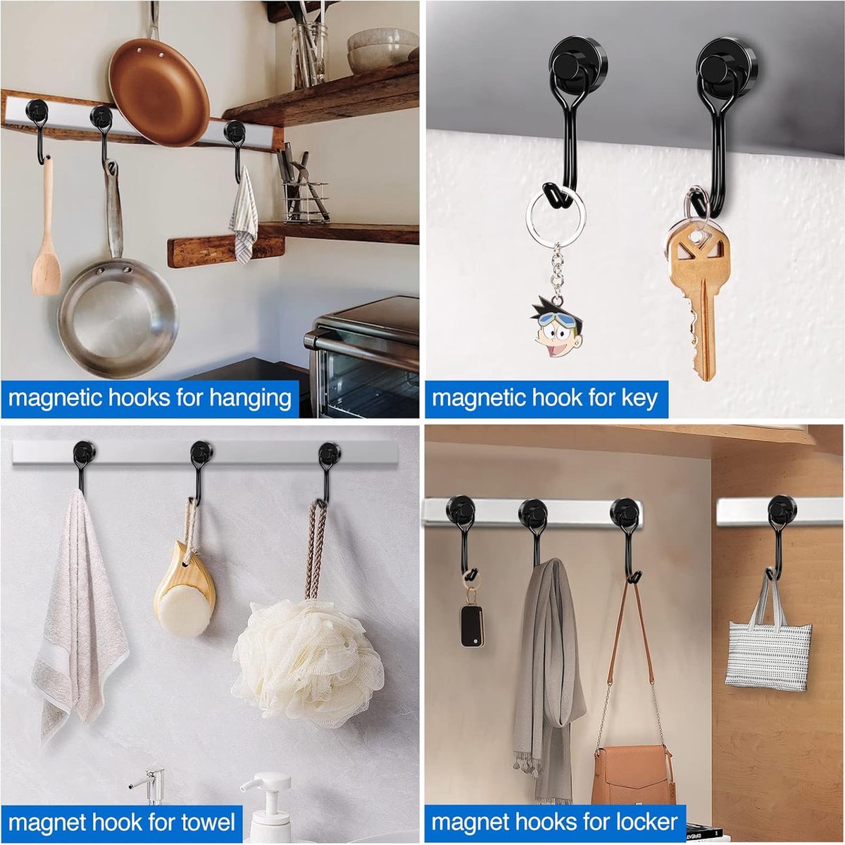 Towel Hook - Hooks - Hooks - With Hooks - 24 Kg Magnetic Hooks - Heavy Duty Strong Magnets - For Grill Ceiling Magnetic Board Kitchen Office - For Kitchen Fridges - 360 Degree Rotatable Neodymium Magnetic - 6 Pieces - Black - Image 3