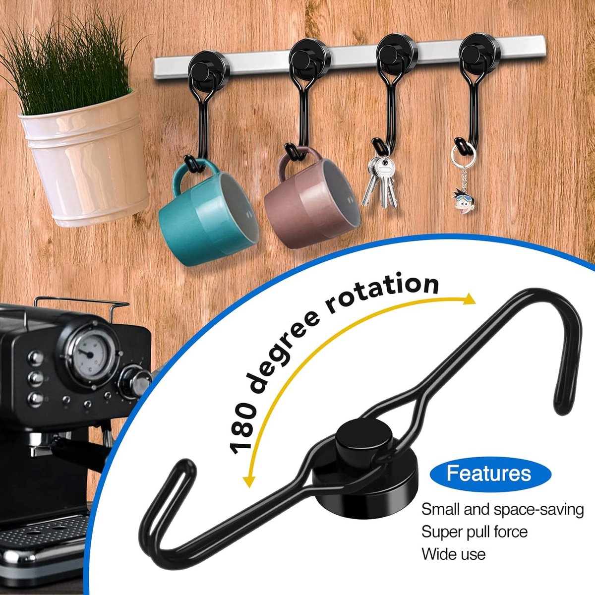 Towel Hook - Hooks - Hooks - With Hooks - 24 Kg Magnetic Hooks - Heavy Duty Strong Magnets - For Grill Ceiling Magnetic Board Kitchen Office - For Kitchen Fridges - 360 Degree Rotatable Neodymium Magnetic - 6 Pieces - Black - Image 5