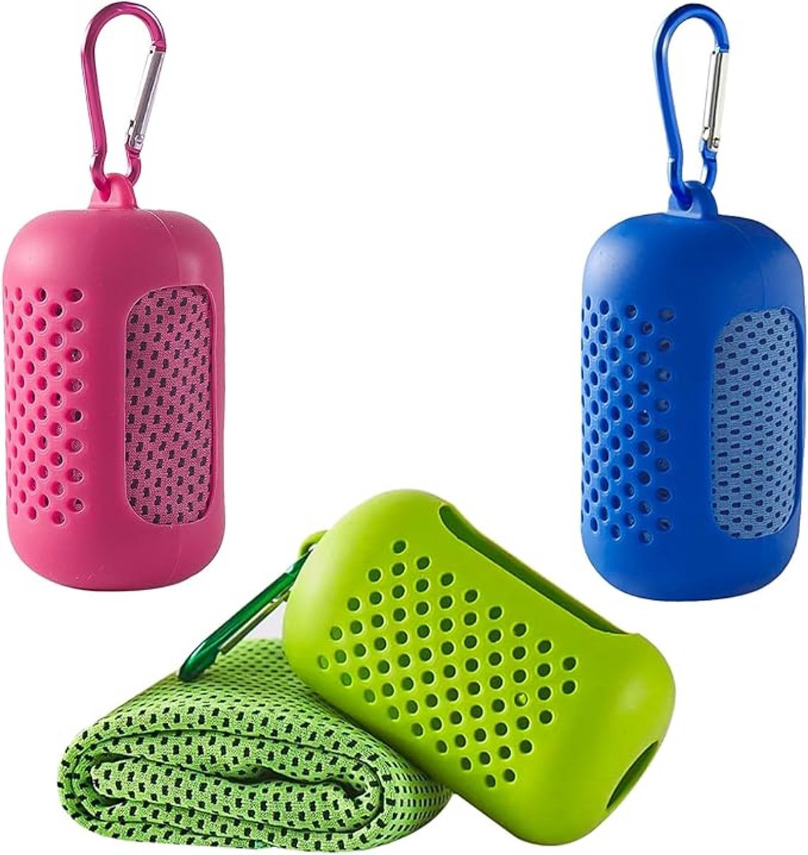 Three-pack cooling towels - Cooling microfiber - Polyester - Sports towel - Cooling towel - Fast-drying and sweat-wicking - Includes a portable silicone sleeve - Suitable for fitness, outdoor activities, and sports - Unisex - Image 1