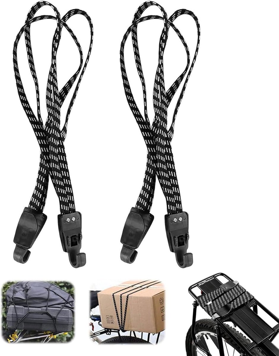 Elastic Straps - 2 Pieces - Flat Quick Straps - Universal - Adjustable Luggage Straps - Flat Rubber Ropes - Elastic Band - Transport Secure - For Bicycle Car Elastic - 65 Cm - Quick Straps With Double Hook - Black - Image 1