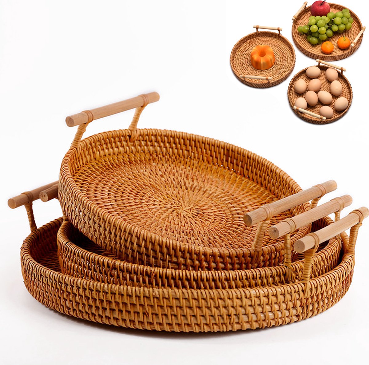 Fruit Basket - Set of 3 - Round Fruit Bowl - Bread Baskets - Storage Basket - With Handle - Rattan Basket - Handles - Decorative Trays - Serving Tray - Home Accessories - For Serving Dishes, Crackers, Pastries, Snacks - Image 1