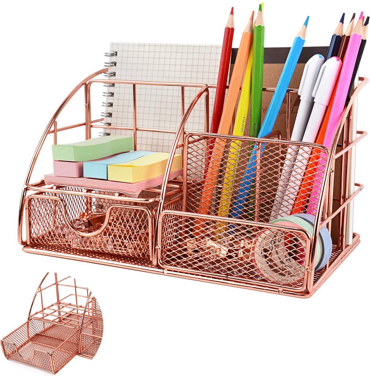 Pen Tray - 5 Compartments and Drawer - Desk Organizer - Rose Gold - Pen Holder - Desk Organizer - Durable - Non-Fading - Metal - Pen Trays - Mesh - Fashion - Multifunctional Storage System - Neatness & Classification - Save Space - Image 1