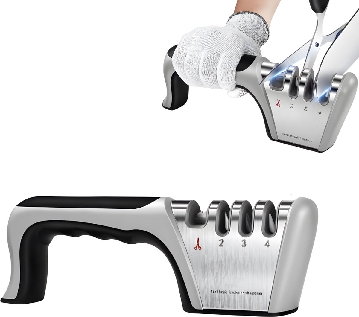 4-in-1 Knife Sharpener - Stainless Steel - Anti-Slip Knife Sharpener - Pull-through Sharpener - 4 Settings - With Anti-Slip Base - Sharpening Steel for Knives - Scissor Sharpener - Sharpening - For Polishing Knives, Scissors, and Other Knives - Image 1