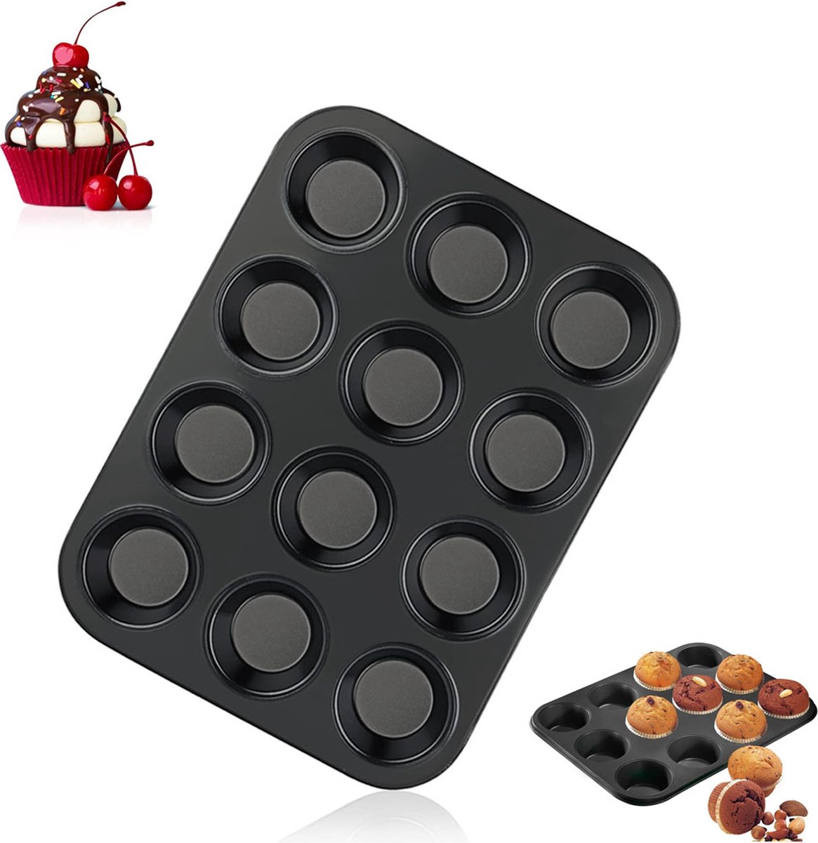 Muffin Pan - 12 Muffins - Cupcakes - Cupcake Molds - BPA Free - Non-Stick - Cooking & Baking - Reusable - Baking Pans - Oven Safe - Black - Image 1