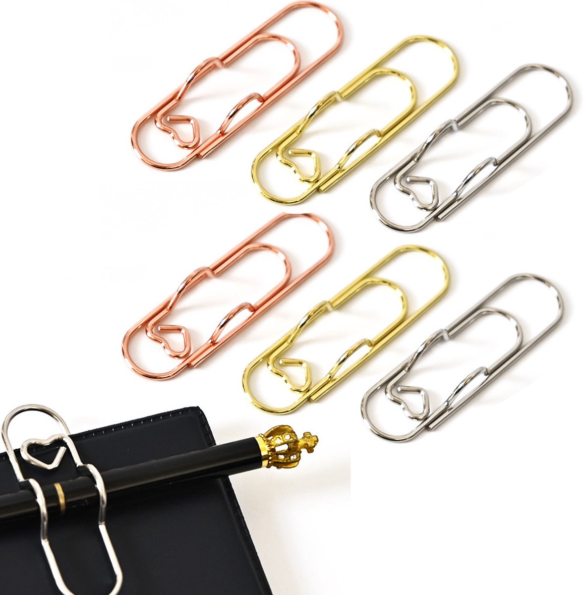 Paperclips - 6 Pieces - Paper Clips - Paper clamp - Designer Clips Pencil Holders - Pencil Holder - Heart Paperclip - Closure Clip - 3 Colors - School - Home - Chic - Image 1
