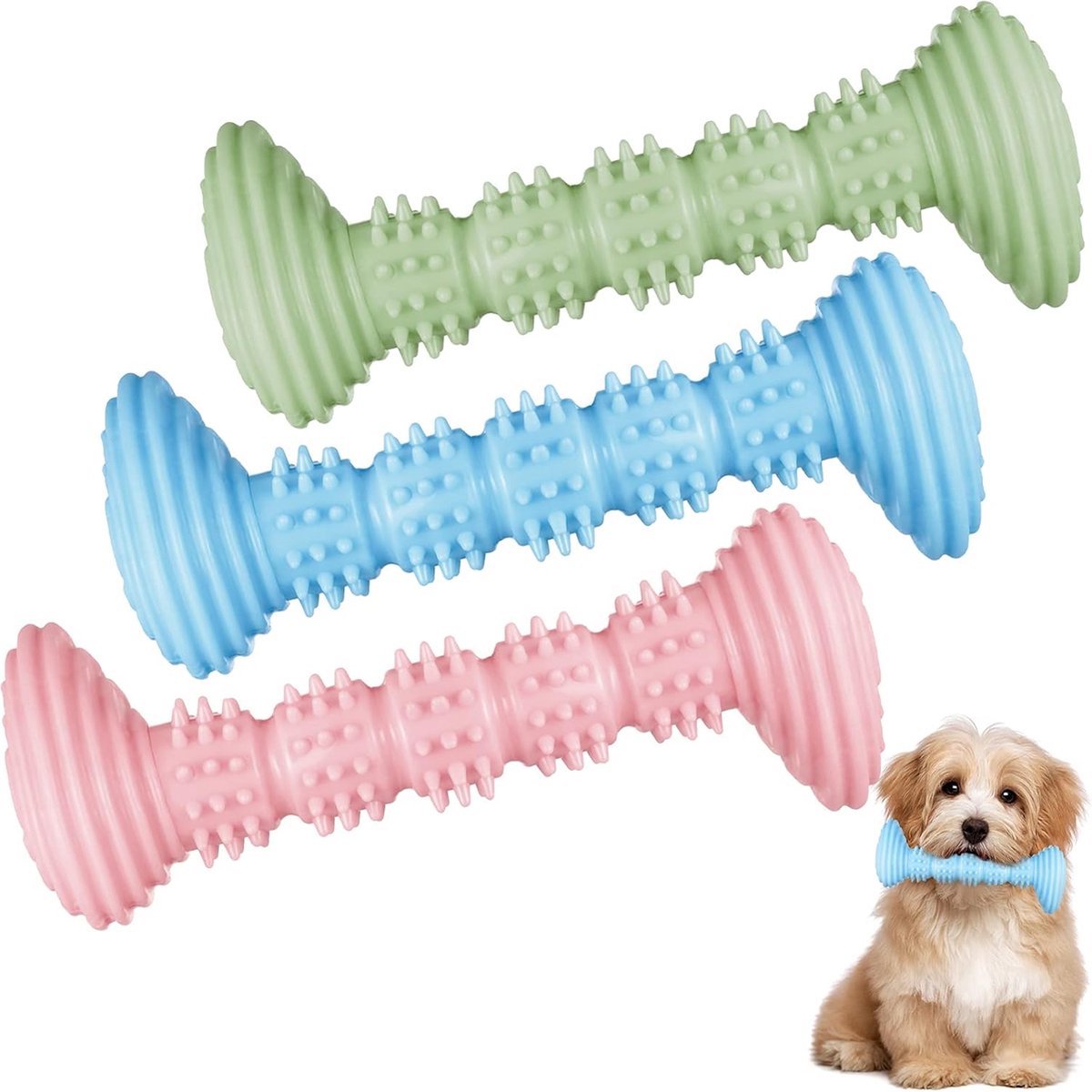 Dog Toys - 3 Pieces - Dog Chew Toys - Dental Care - Teeth Cleaning - Rubber Pet Chew Toys - For Medium and Large Dogs - Blue+Green+Pink - Image 1