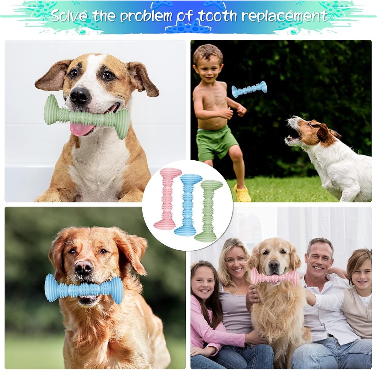 Dog Toys - 3 Pieces - Dog Chew Toys - Dental Care - Teeth Cleaning - Rubber Pet Chew Toys - For Medium and Large Dogs - Blue+Green+Pink - Image 2