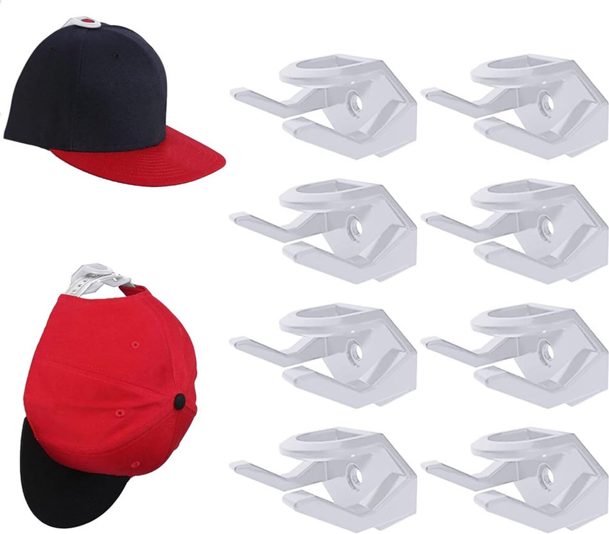 Cap Rack Set of 8 - Wall Cap Holders - Cap Hooks - With Screws and Tape - Two Installation Methods - Cap Rack Coat Rack - Cap Rack Storage System - Cap Storage Bag - Hat Holder - Cap Organizer - Double Suspension - White - Image 1